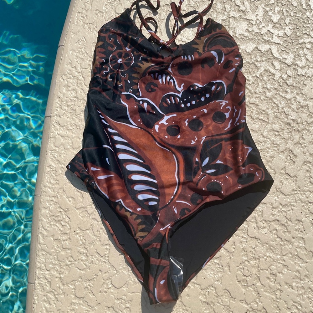 Mara Hoffman Brown, Black & Cream Abstract One-Piece Swimsuit
